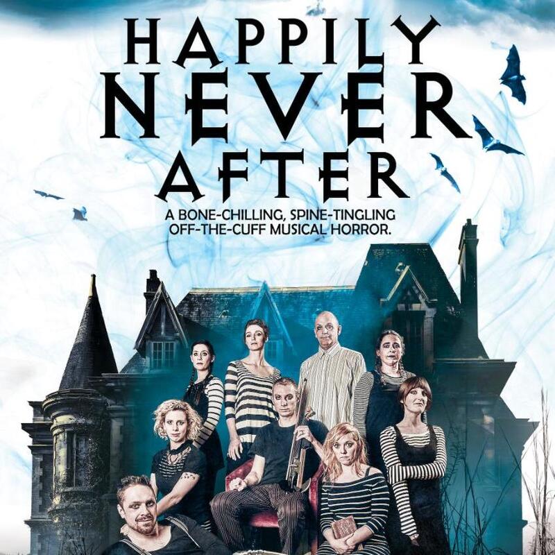 A spooky American house with bats flying around is in the background. In front are a team of Tim Burton style weirdos wearing black and white stripes. One is carrying a violin. The text reads 'Happily Never After'.