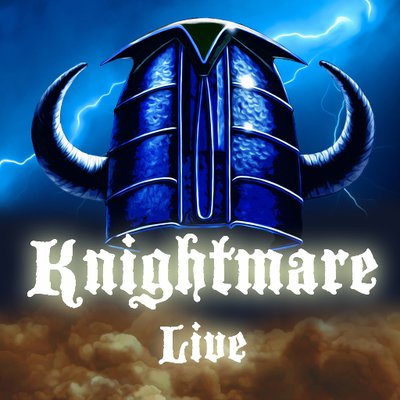 It reads 'Knightmare Live'. There is a horned helmet suspended in mist with lighting striking behind it.