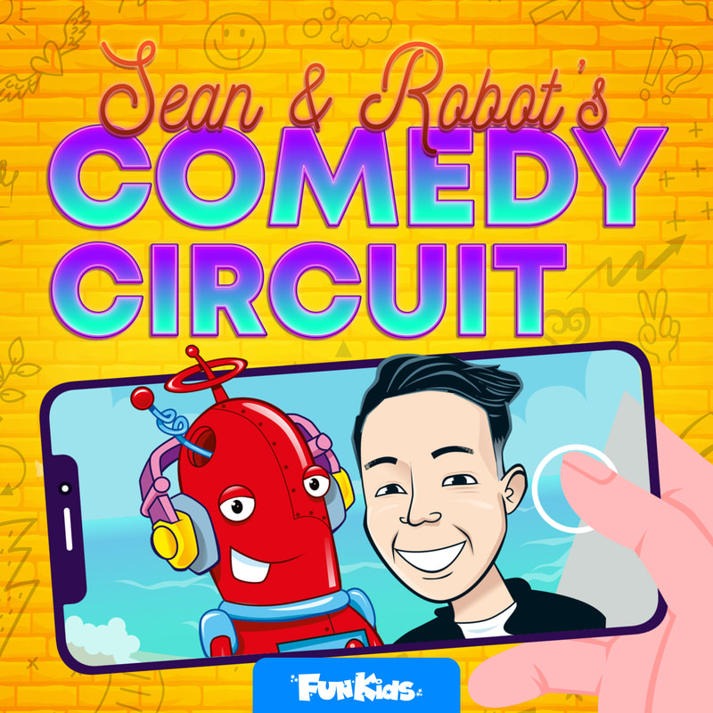 A cartoony podcast logo showing a robot and a man being held up in a picture on a phone. It reads 'Sean and Robot's Comedy Circuit'.